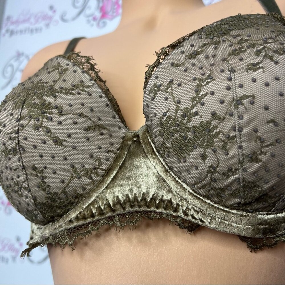 Victoria secret lined Demi bra green khaki lace velvet velour soft rare Angels - Picture 3 of 12